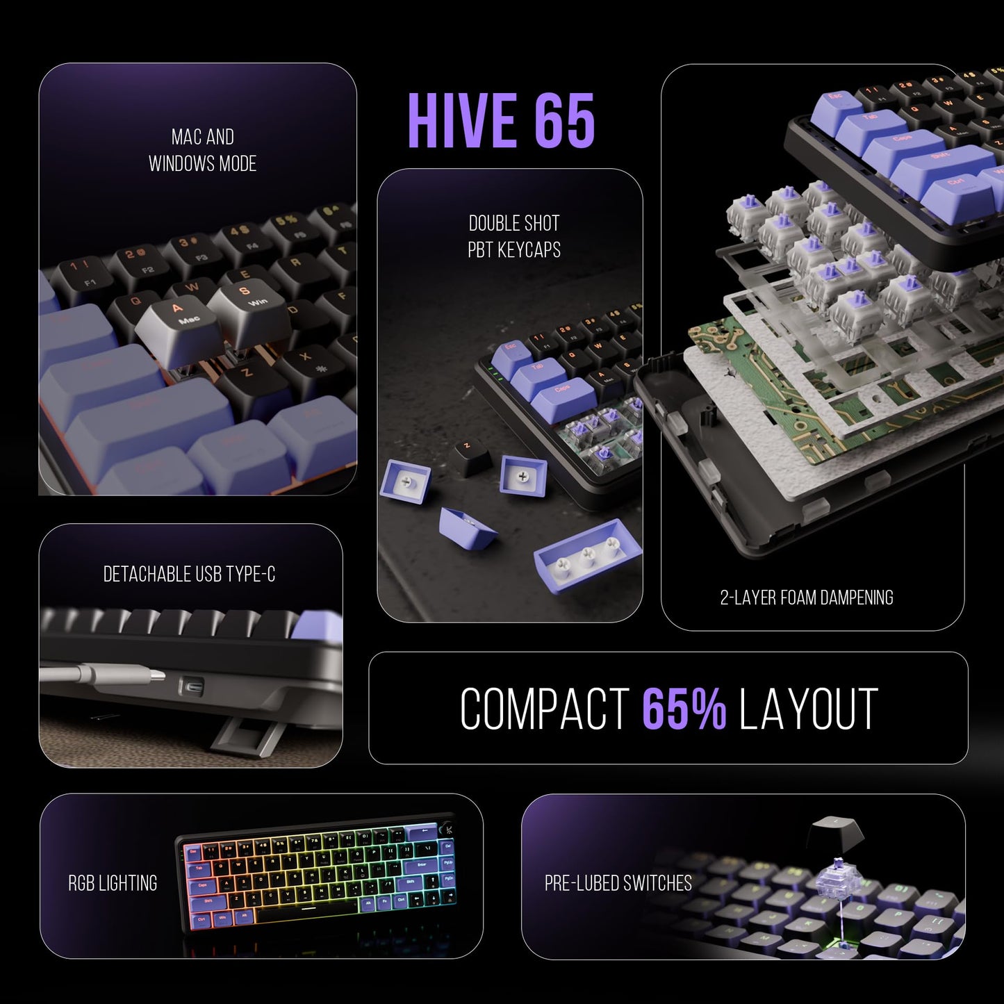 Kreo Hive 65 RGB Mechanical Gaming Keyboard | Pre-Lubed Switches, Anti-Ghosting, 5-Pin Hot-Swap | Wired 65% Keyboard with RGB Backlight & Detachable USB-C Cable (Black)